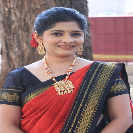 Long Necklace Set with Moti Mala and Wine Color Stones