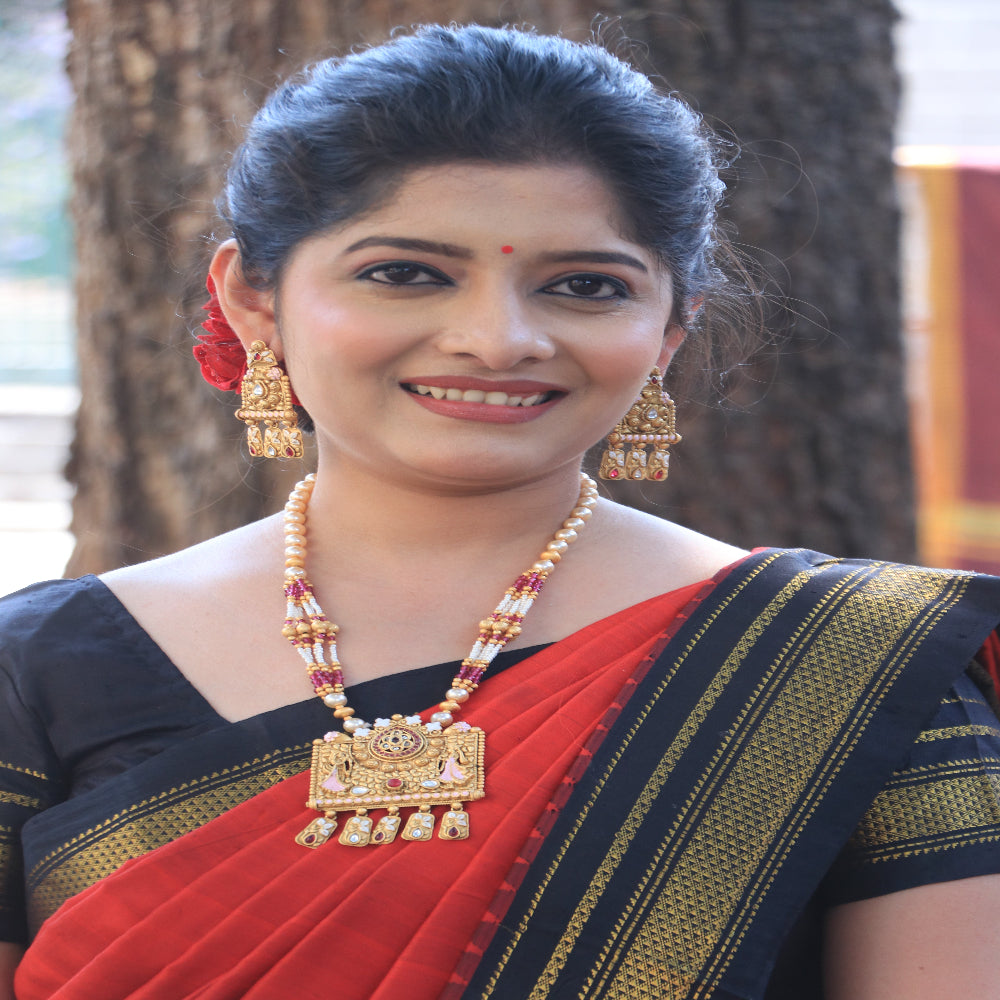 Long Necklace Set with Moti Mala and Wine Color Stones