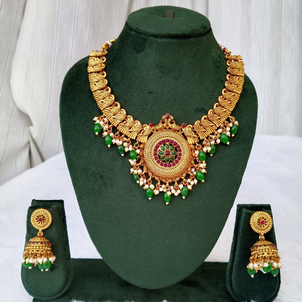 Short Necklace Set with Bottle Green Color Stones