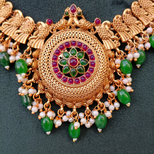 Short Necklace Set with Bottle Green Color Stones