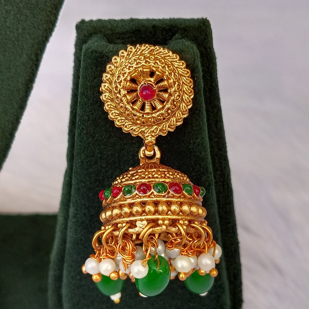 Short Necklace Set with Bottle Green Color Stones