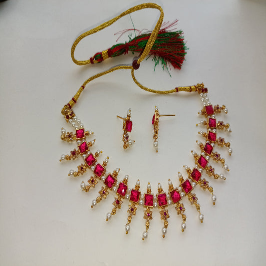 Moti & Bright pink colored stones necklace & earrings set