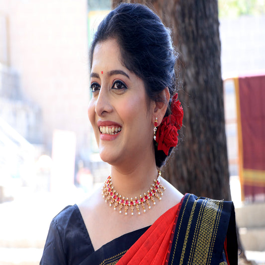 Moti & Bright pink colored stones necklace & earrings set